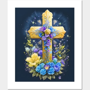 Gold Cross With Flowers Posters and Art